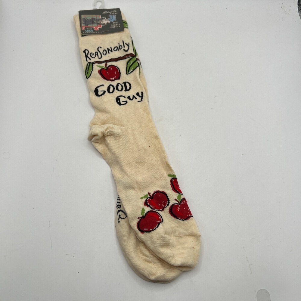 Blue Q Mens Reasonably Good Guy Crew Socks Combed Cotton Apple Novelty Size 7-12